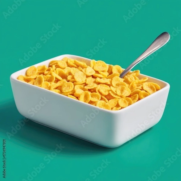 Fototapeta A rectangular white bowl filled with golden yellow cereal flakes. A silver spoon rests atop the cereal