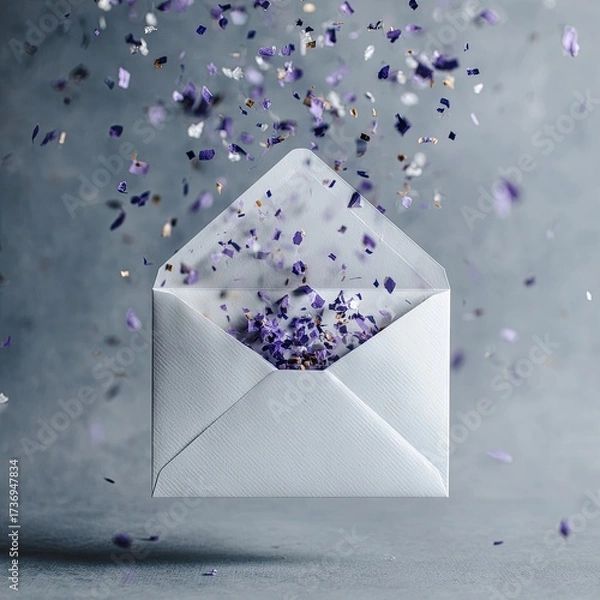 Obraz A white envelope filled with purple confetti, suspended in mid-air, with more confetti falling around it