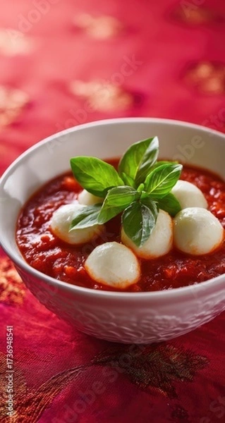 Obraz A white bowl of tomato sauce, topped with small, round mozzarella balls and fresh basil leaves