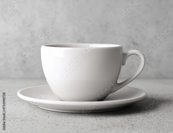Fototapeta A pristine white coffee cup and saucer rest on a speckled gray surface