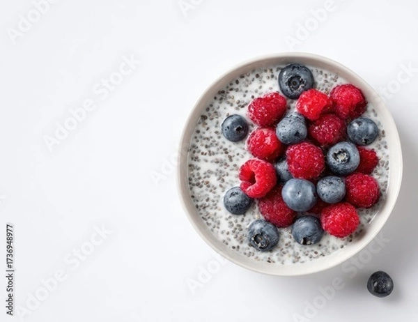 Obraz Healthy breakfast bowl, chia seed pudding with raspberries and blueberries