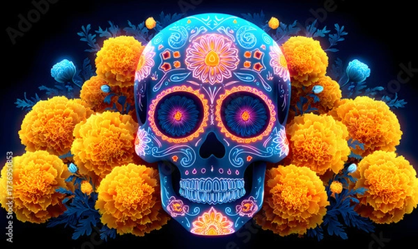 Fototapeta Vibrantly Colored Sugar Skull Adorned with Intricate Alebrije Patterns Surrounded by Marigolds