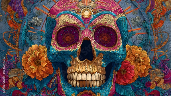 Fototapeta Colorful Sugar Skull Adorned with Intricate Alebrije Patterns Representing Mexican Folk Art