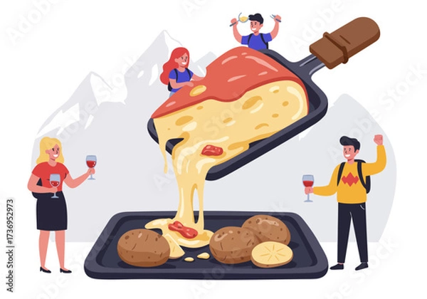 Fototapeta People enjoy raclette meal with potatoes and wine in the mountains. Perfect for food blogs, restaurant promotions, and travel websites.