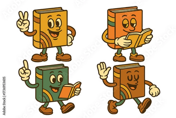Obraz Groovy retro book characters set. Cartoon mascots for reading, library, book festival. 70s comic personages with gloved hands. Education, learning, knowledge vector pack.