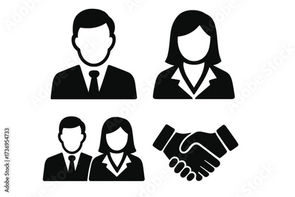 Fototapeta Business people vector icon set. Man and woman professionals, teamwork, partnership, and collaboration concepts. Corporate employee and handshake graphic elements for design.
