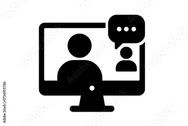 Obraz Video conference icon. Online call, virtual meeting on computer. People communication with chat bubble. Remote work, business team collaboration, webinar, teleconference concept.