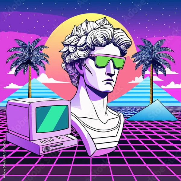 Obraz A vaporwave still life featuring a classical statue with neon sunglasses, a '90s computer monitor, and palm trees on a pastel grid. Ideal for nostalgic and ironic marketing.