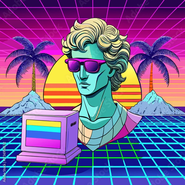 Obraz A vaporwave still life featuring a classical statue with neon sunglasses, a '90s computer monitor, and palm trees on a pastel grid. Ideal for nostalgic and ironic marketing.