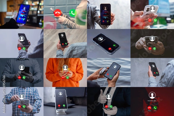 Fototapeta Collage of smartphones displaying incoming call screens in different contexts. Concept communication, technology, mobile connection and social interaction in modern digital lifestyle.