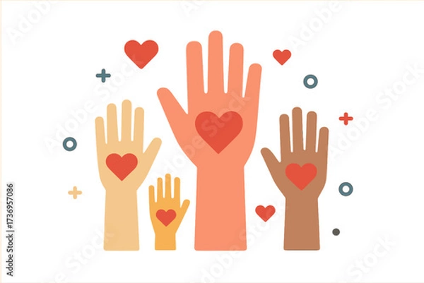 Obraz Raised helping hands vector icon. Diverse community of people volunteer for charity. Unity, love and support concept. Multiethnic crowd giving care and hope. Flat illustration.