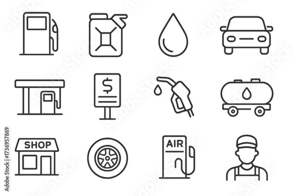 Fototapeta Set of Editable Stroke Line Icons for Gas Station, Fuel Pump, Gasoline Can, Car, Price Sign, Air Pump, Tire, and Service Shop. Minimalistic Linear Vector Pictograms for Apps, Banners, Cards, and Posts