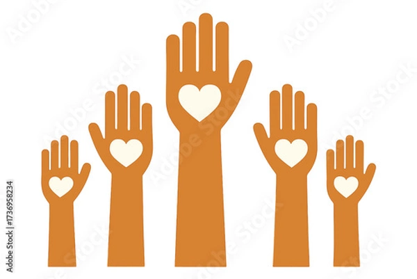 Fototapeta Raised hands with hearts icon. Volunteering, charity, and donation concept. Vector illustration of community support, help, and love. Flat design for a good cause and contribution.