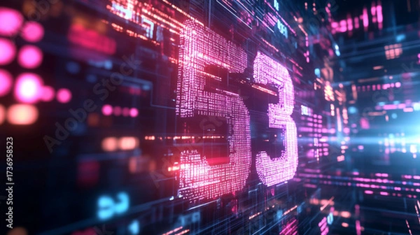 Fototapeta Cyberpunk Digital Render of the Number 53 with bright red digital numbers, cool blue lights, and rapid motion blur conveying high-tech energy and urban futurism.