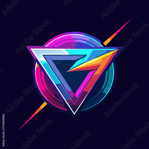 Obraz A slick, abstract chrome logo shape with a vibrant neon outline and light trail, revealing itself on a dark background. For bold tech and fashion branding with a retro edge.