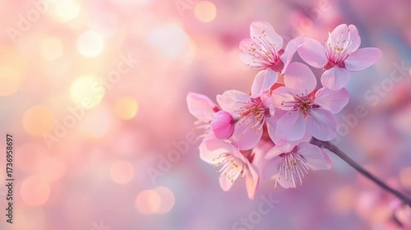 Fototapeta Cherry blossoms in full bloom with soft focus against a pastel sky, symbolizing spring and delicate beauty.