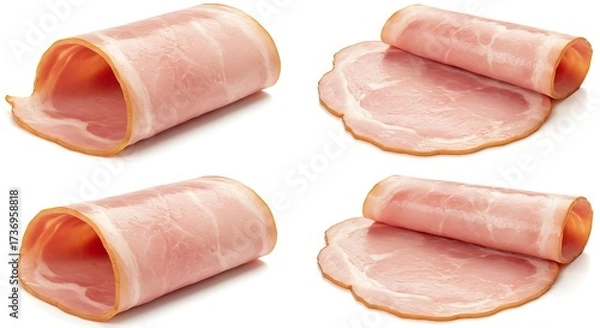 Fototapeta Rolled and Sliced Ham Arrangements on White Backdrop, Ready for Cooking