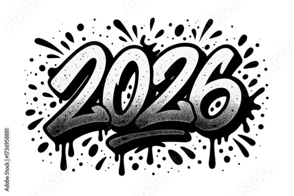 Fototapeta Urban graffiti 2026 bold spray paint style with paint drops splash effects black on white, 90s street art design for banner, poster, greeting card, sticker, vector illustration