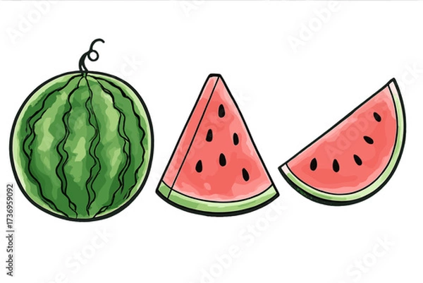 Fototapeta Watercolor watermelon vector set. Hand drawn artistic fruit illustration. Fresh summer food concept. Juicy ripe whole melon and slices with seeds in a doodle sketch style isolated.