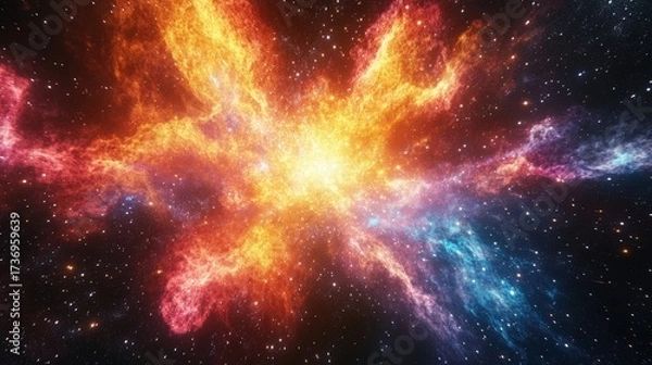 Fototapeta Cosmic explosion of vibrant colors and light in deep space, representing immense power and creation.