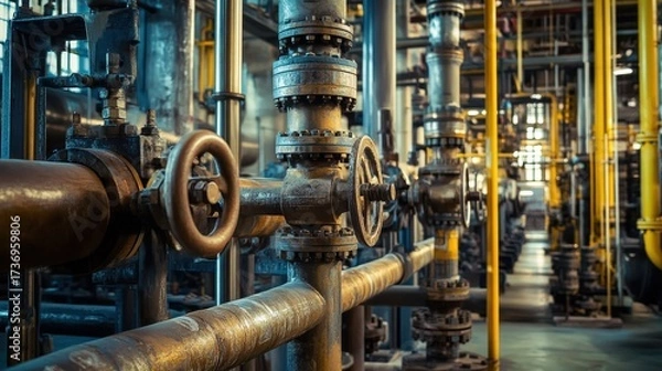 Fototapeta Large industrial pipes and valves in a factory, illustrating complex systems and infrastructure.