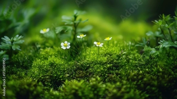 Fototapeta Lush green moss with tiny wildflowers, a detailed macro shot showcasing organic textures.