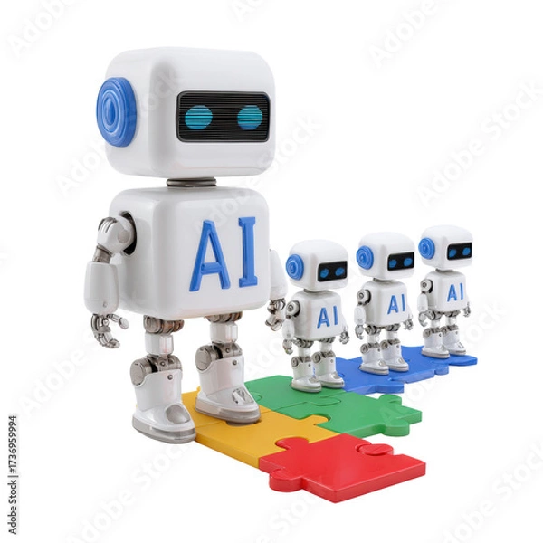 Obraz AI Robots Leading Puzzle Team on Colorful Grid