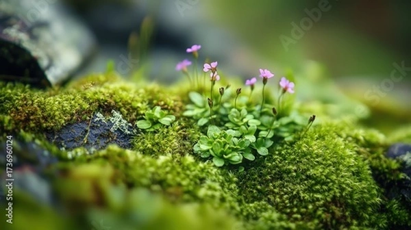 Fototapeta Lush green moss with tiny wildflowers, a detailed macro shot showcasing organic textures.