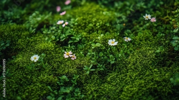 Fototapeta Lush green moss with tiny wildflowers, a detailed macro shot showcasing organic textures.