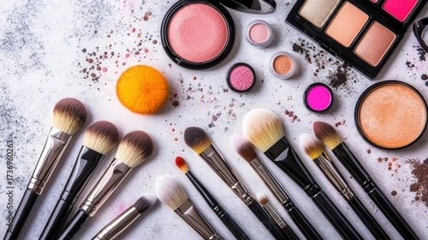 Fototapeta Makeup brushes and cosmetics laid out artistically on a light surface, ready for use.