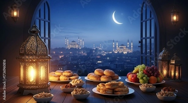 Fototapeta Ramadan Feast with Mosque and Lanterns.