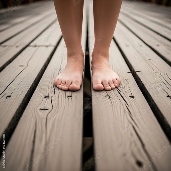 Fototapeta Barefoot serenity on weathered wood reflecting simplicity and connection with nature portraying calm