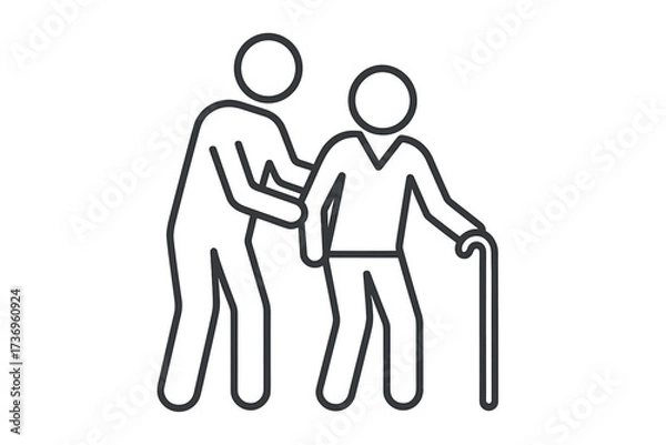Fototapeta Elderly care and support vector line icon. Caregiver helping senior patient with a walking cane. Nursing home, assisted living, geriatrics, and healthcare for old people.