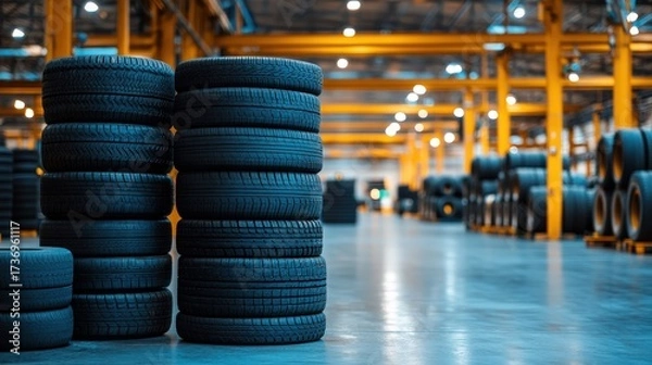 Fototapeta Stacks of industrial tires in a manufacturing facility, highlighting components of production.