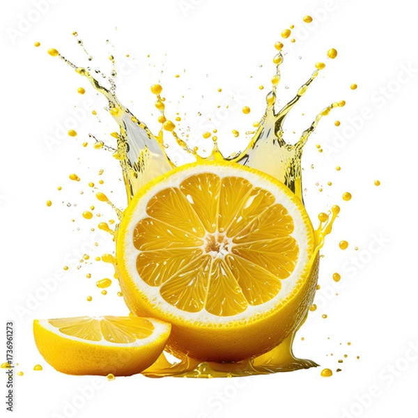 Fototapeta Lemon half with slice, juice explosion, isolated on black background