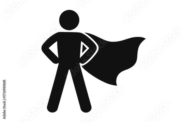 Fototapeta Stickman superhero character in a cape. Vector flat glyph icon for concepts of success, leadership, strength, power and willpower. Hero in a pose. Business winner.