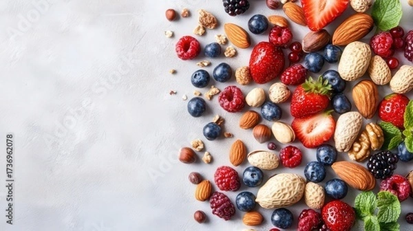 Fototapeta Various nuts and berries scattered, healthy snacks.