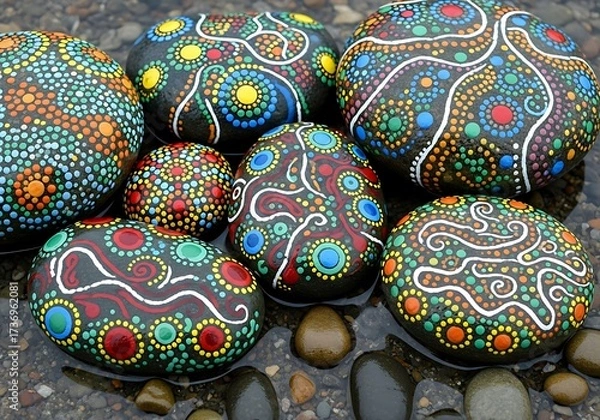 Fototapeta Hand-painted river stones with intricate dot patterns showcasing vibrant artistry and natural media for mindful
