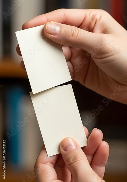 Fototapeta Holding two blank cards for message, template in hands ready to write