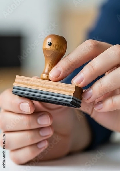 Fototapeta Holding wooden stamp with rubber layers, ready to authenticate documents