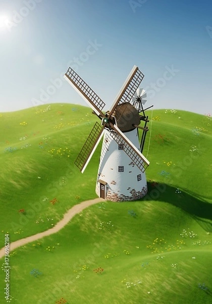 Fototapeta Idyllic windmill scene evoking tranquil landscapes and sustainable architecture under sunny skies on green rolling hills