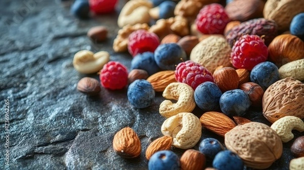 Fototapeta Various nuts and berries scattered on a textured surface, healthy snacks or ingredients.