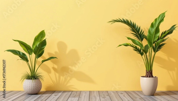 Fototapeta Lush green plants in decorative pots against vibrant pastel yellow wall create refreshing and inviting atmosphere. interplay of shadows adds depth and warmth to scene