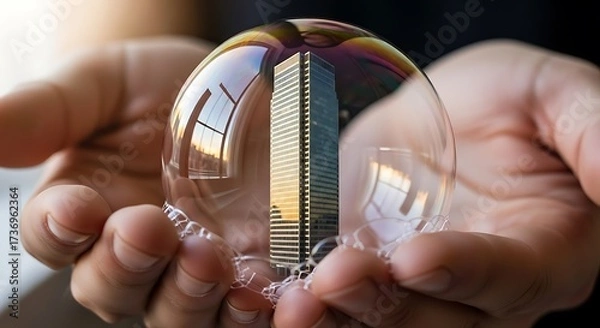 Fototapeta Hands cradle a delicate, iridescent soap bubble that perfectly encases a tall, modern skyscraper, symbolizing economic bubbles, fragile markets, real estate risk, or the precarious nature of corporate