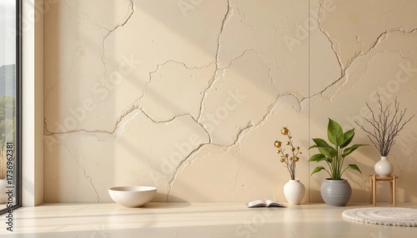 Fototapeta Serene interior space featuring minimalistic design with cracked beige wall, natural light streaming through large windows, and decorative plants stylish pots. atmosphere is calm and inviting