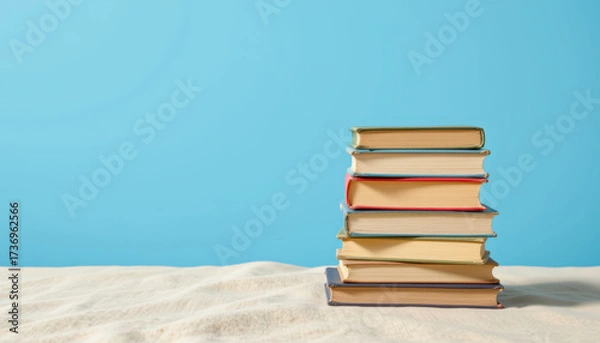Fototapeta Stack of books arranged neatly on light surface, showcasing various colors and sizes against bright blue background. This evokes sense of knowledge and learning