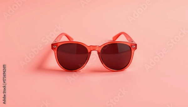 Fototapeta Stylish red sunglasses on pastel pink background create vibrant and trendy look. Perfect for summer fashion, these accessories enhance any outfit with playful touch