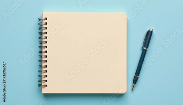 Fototapeta Blank notebook with spiral binding and blue pen rests on light blue background, inviting creativity and ideas. simplicity of scene evokes sense of calm and inspiration