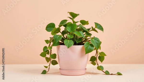 Fototapeta Beautiful green plant in pink pot, showcasing vibrant leaves cascading elegantly. soft background enhances freshness and tranquility of scene, perfect for home decor