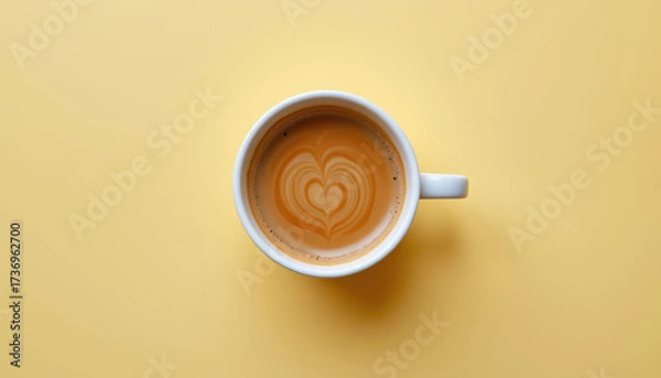 Fototapeta Coffee cup with heart shaped latte art sits on vibrant yellow background, creating warm and inviting atmosphere. creamy texture and rich color of beverage enhance visual appeal